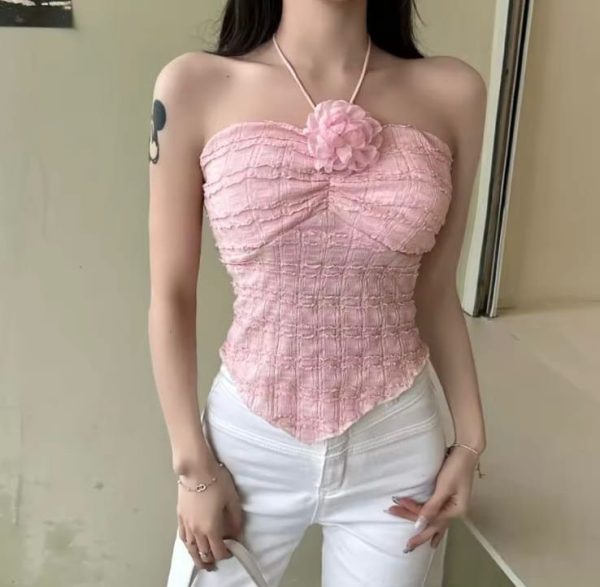 005 Pink Crinkle Texture Halter Neck Top